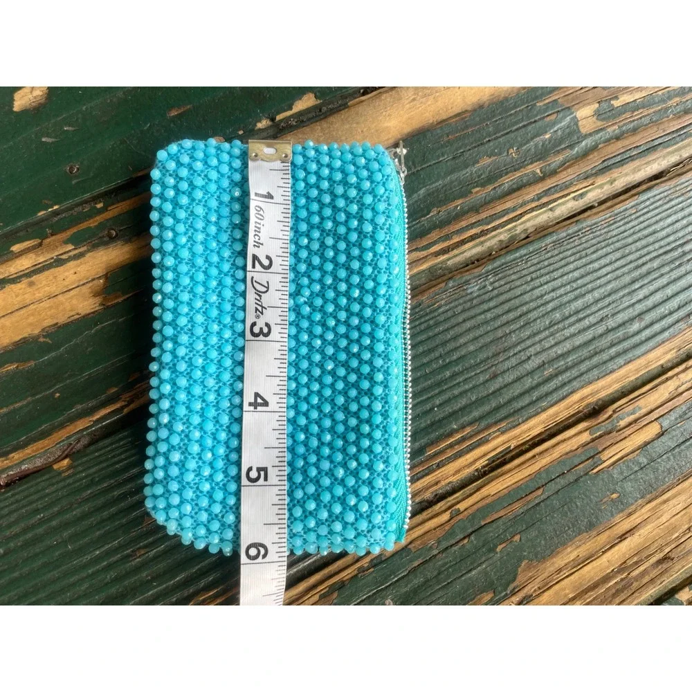 Vintage Turquoise Blue Beaded Zipper Pouch Set Coin Purse Makeup Bag 2pc